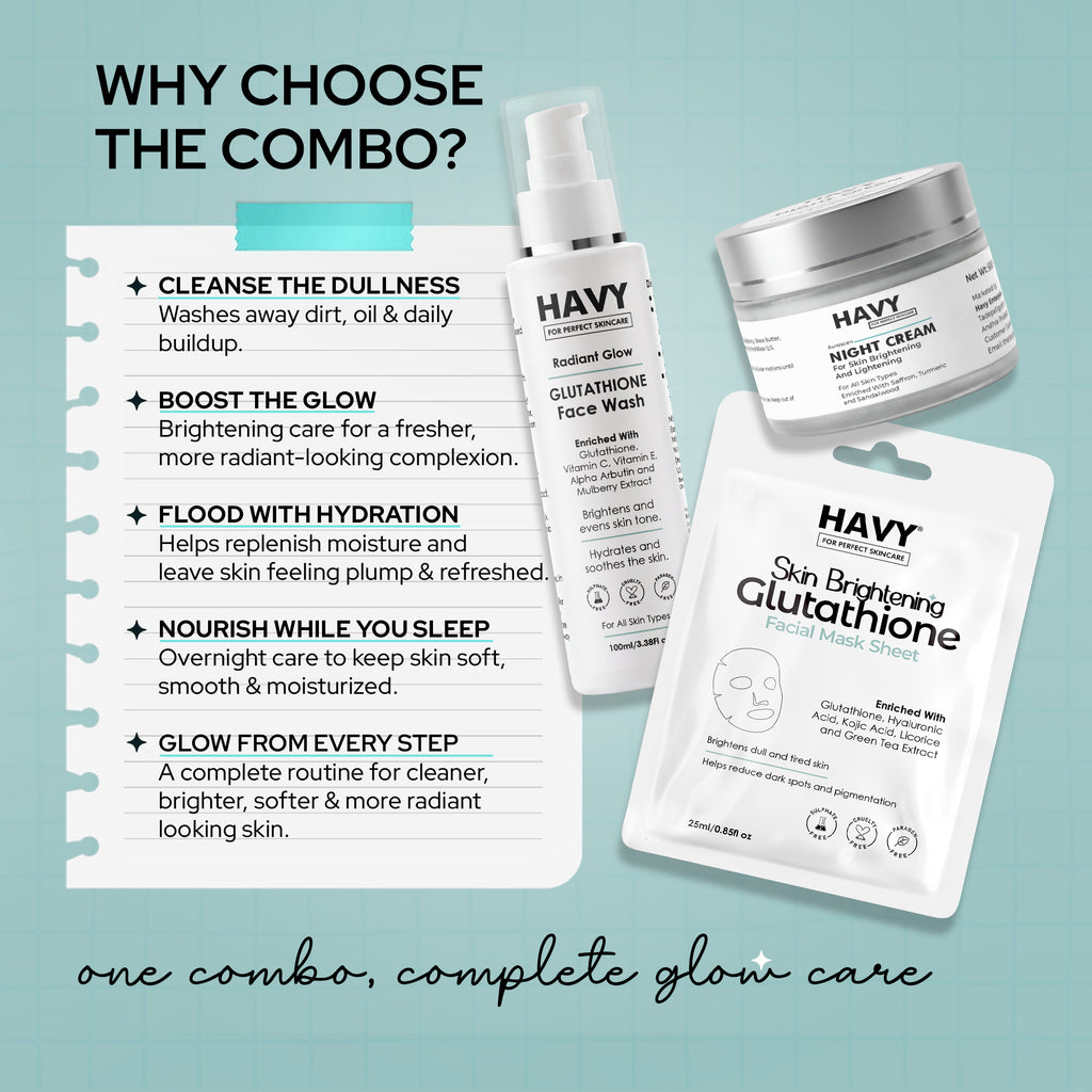 Havy COMBO Of Glutathione Face Wash + Brightening Night Cream + Glutathione Facial Sheet Mask