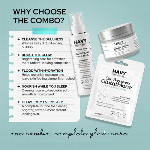 Havy COMBO Of Glutathione Face Wash + Brightening Night Cream + Glutathione Facial Sheet Mask