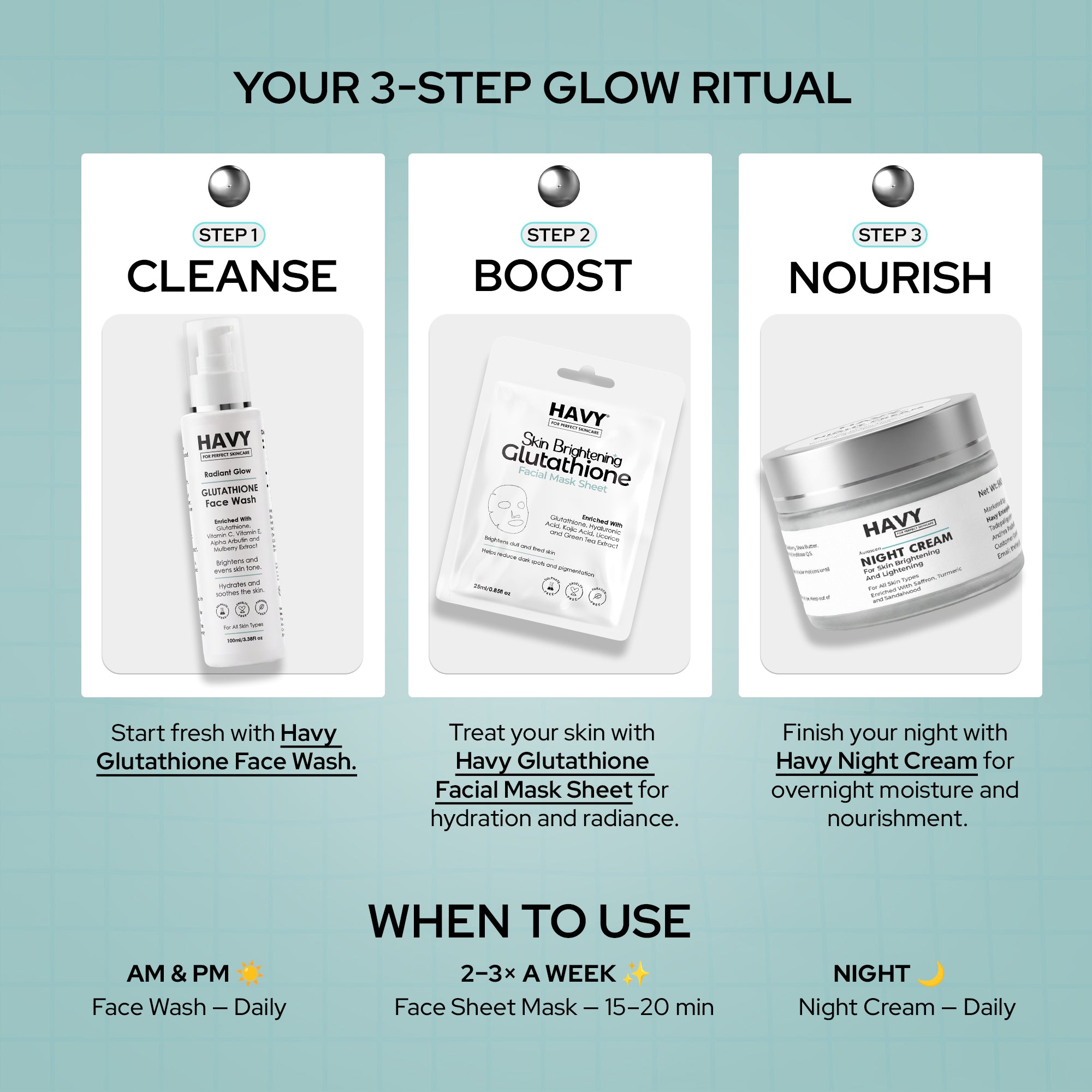 Havy COMBO Of Glutathione Face Wash + Brightening Night Cream + Glutathione Facial Sheet Mask
