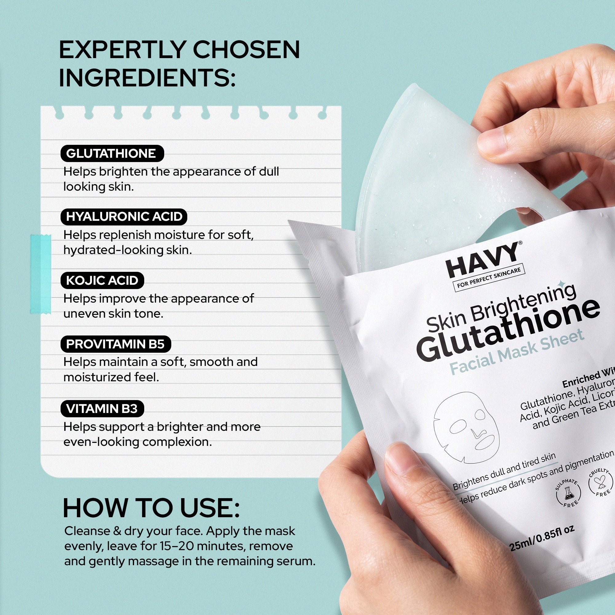 Havy Glutathione Skin Brightening Sheet Mask – Pack of 3