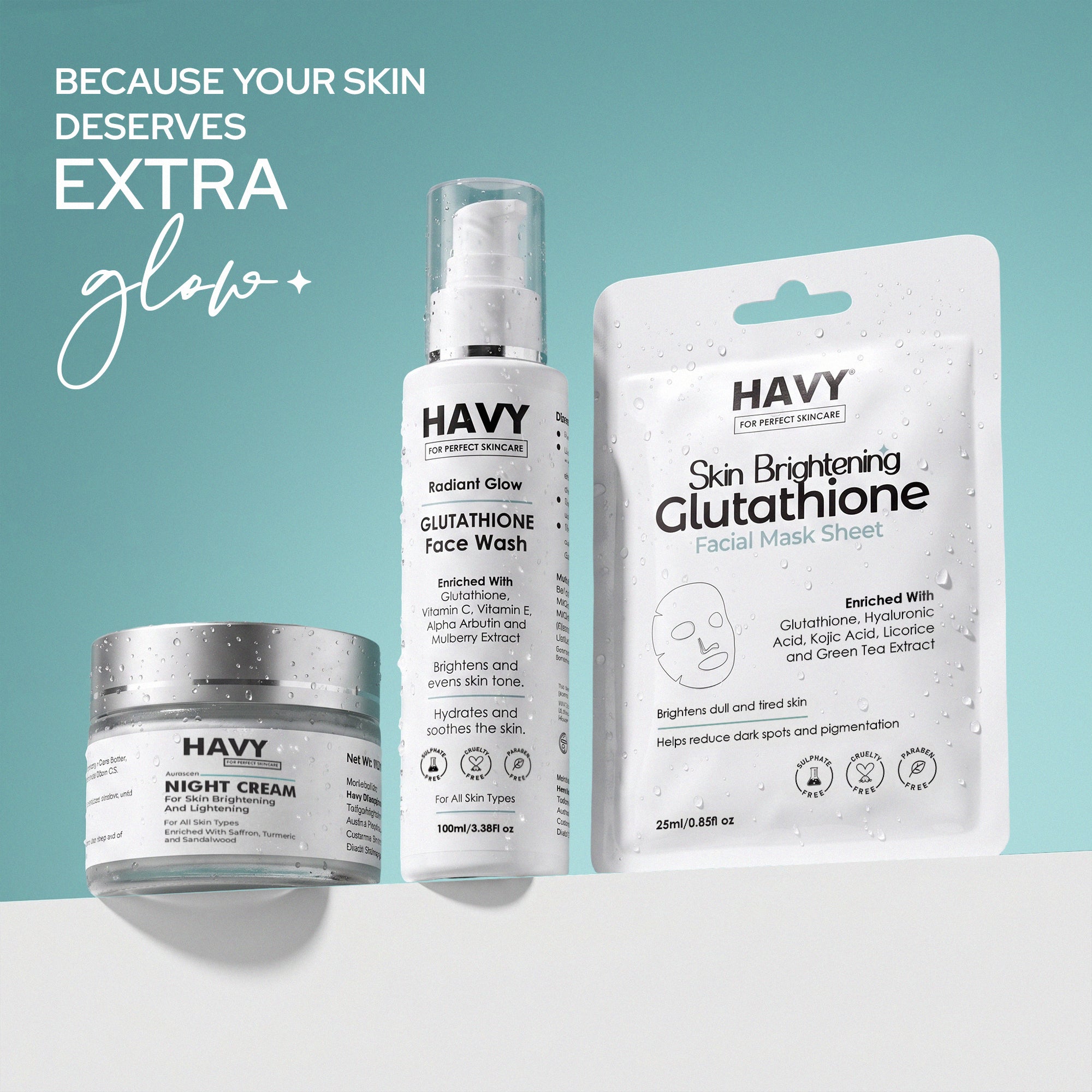 Havy COMBO Of Glutathione Face Wash + Brightening Night Cream + Glutathione Facial Sheet Mask